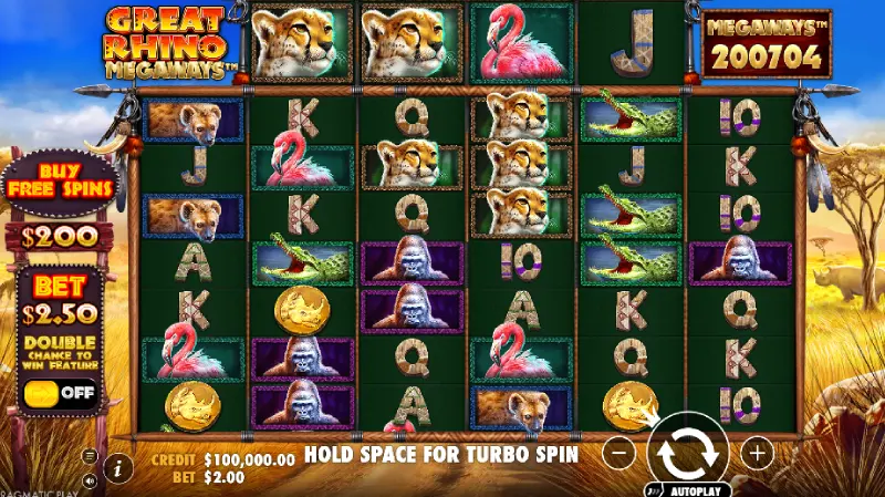 Tampilan Visual dan Tema Great Rhino Megaways